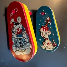Vintage Tin Noise Makers Clown and Puppy Dog - Hand Crank Noise Makers 