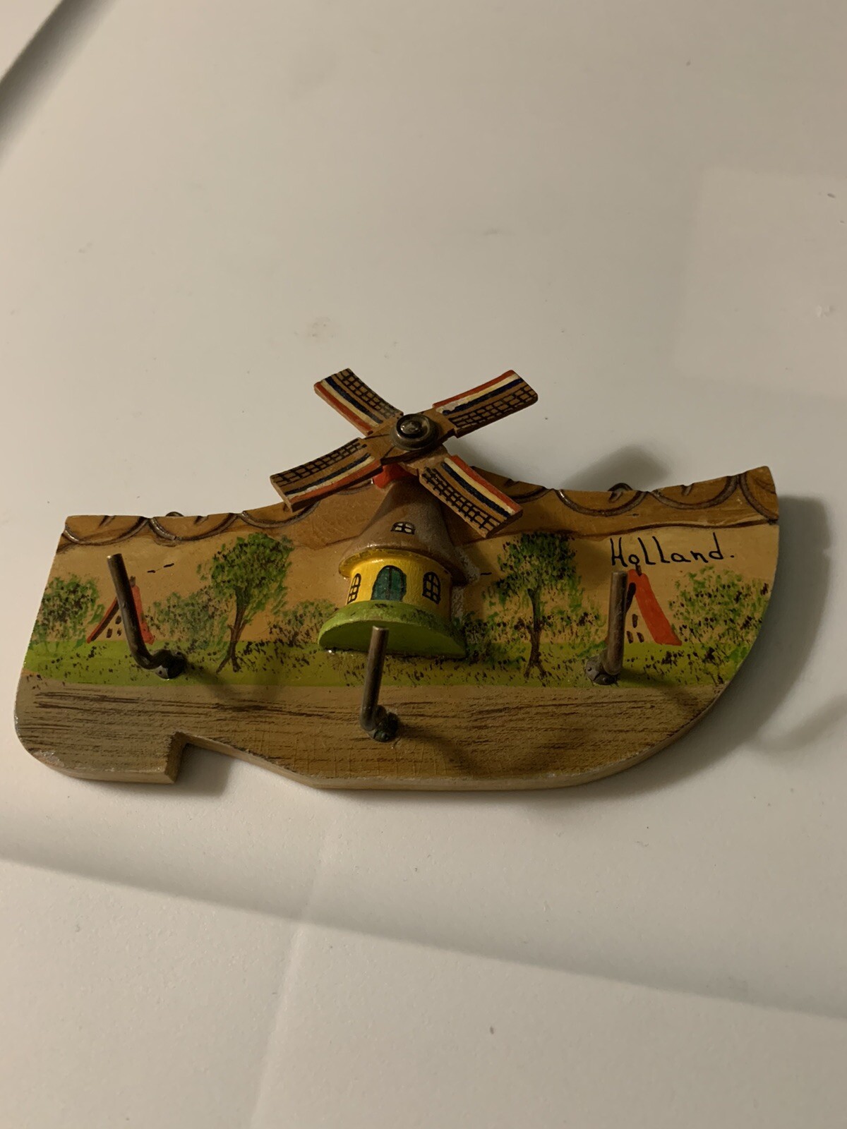 Vtg Holland Wood Clog Plaque Wall Hanging Windmill Key Hooks 6”