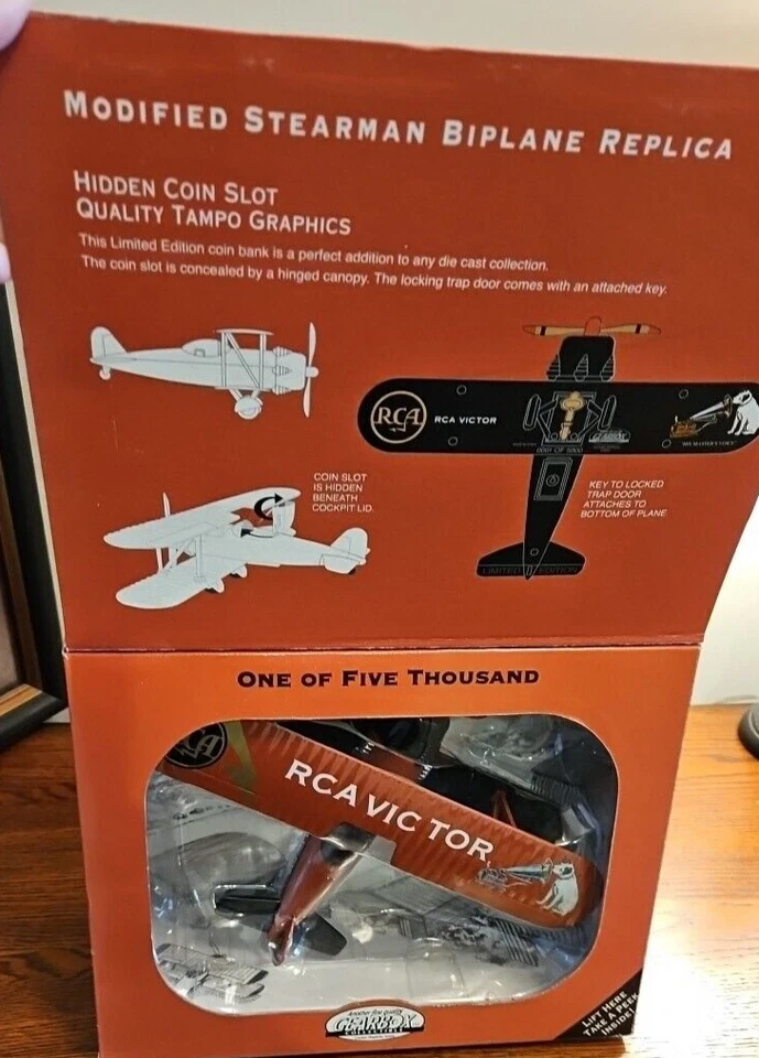 RCA VICTOR Modified Stearman 1932 Coin Bank Biplane diecast - Image 2 of 4