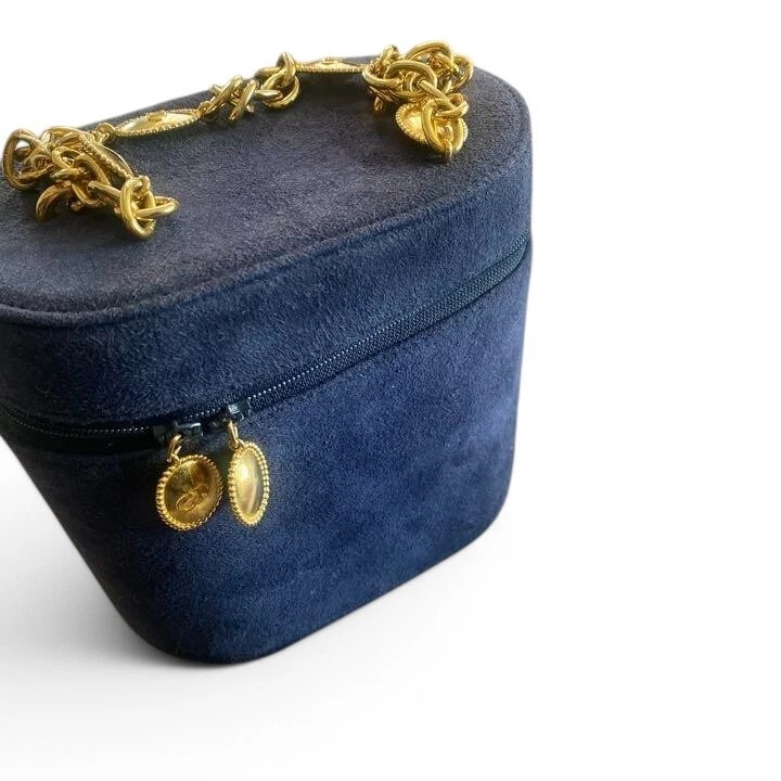 Christian Dior sac à main fourre tout chaîne daim logo CD bleu vintage authentique