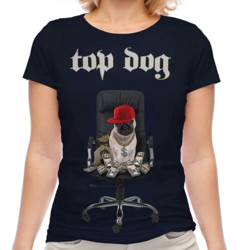 TOP DOG LADIES FUNNY PRINTED T-SHIRT PUG DOG WITH DOLLARS MONEY PUGS LIFE TOP - Picture 1 of 21