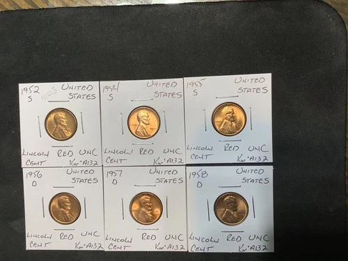 United States 1952-1958 Lincoln Cent Red UNC 6 Coin Lot.  11103