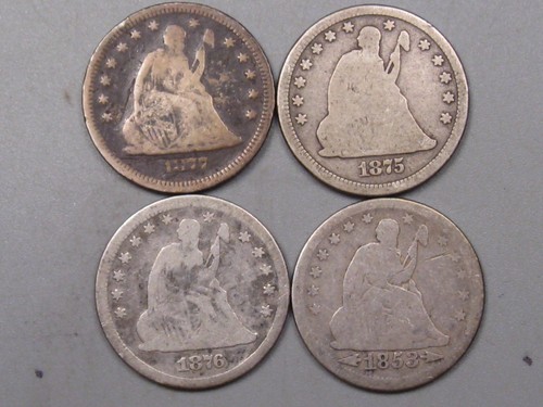 4 Seated Liberty Quarters 1853, 76, 75, 77-s. #5 - Picture 1 of 11