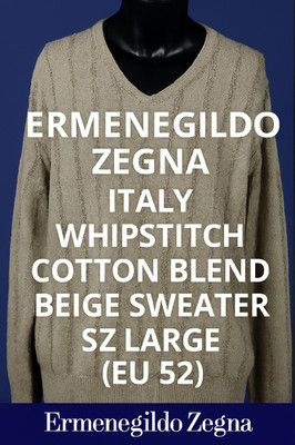 Ermenegildo Zegna Italy Whipstitch Cotton Blend Beige Sweater Sz Large (EU 52)