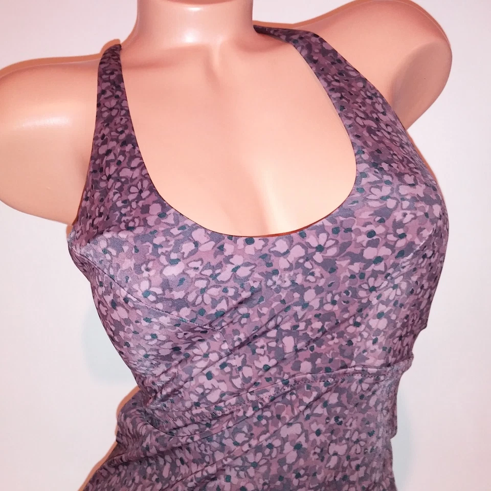 Camiseta Tankini de Natación Athleta Mediana Polvorienta Púrpura Negra Floral Halter Tirantes Espalda Re Foto 3 de 4