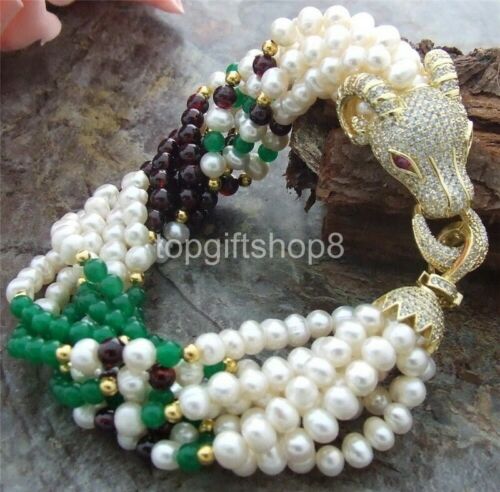 8 Strands White cultured freshwater 5-6mm Pearl Jade Bracelet CZ Clasp - Picture 1 of 1