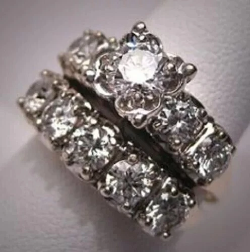 Art Deco Style Round 2.10Ct Lab Created Diamond Engagement 925 Silver Ring Set - Image 2 of 4