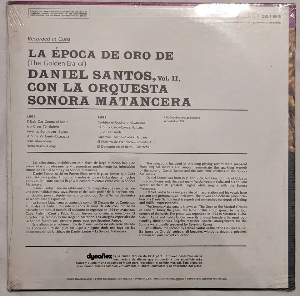 La Epoca De Oro de DANIEL SANTOS VOL II Carino DBL1-5015 Sonora Matancera SEALED - Image 2 of 2