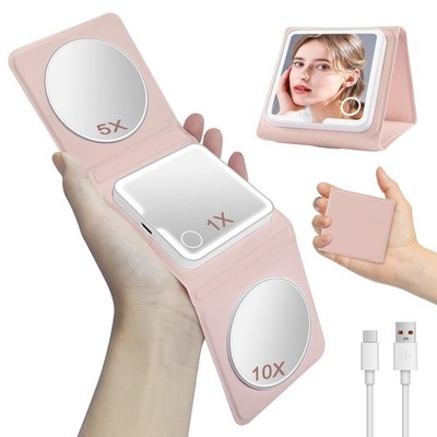 LED Lighted Travel Makeup Mirror with 1x/5x/10x Magnification, Hand Held Pock...
