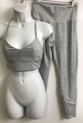 Alo Yoga Set Heather Gray Sports Bra Ribbed Band Leggings Rib