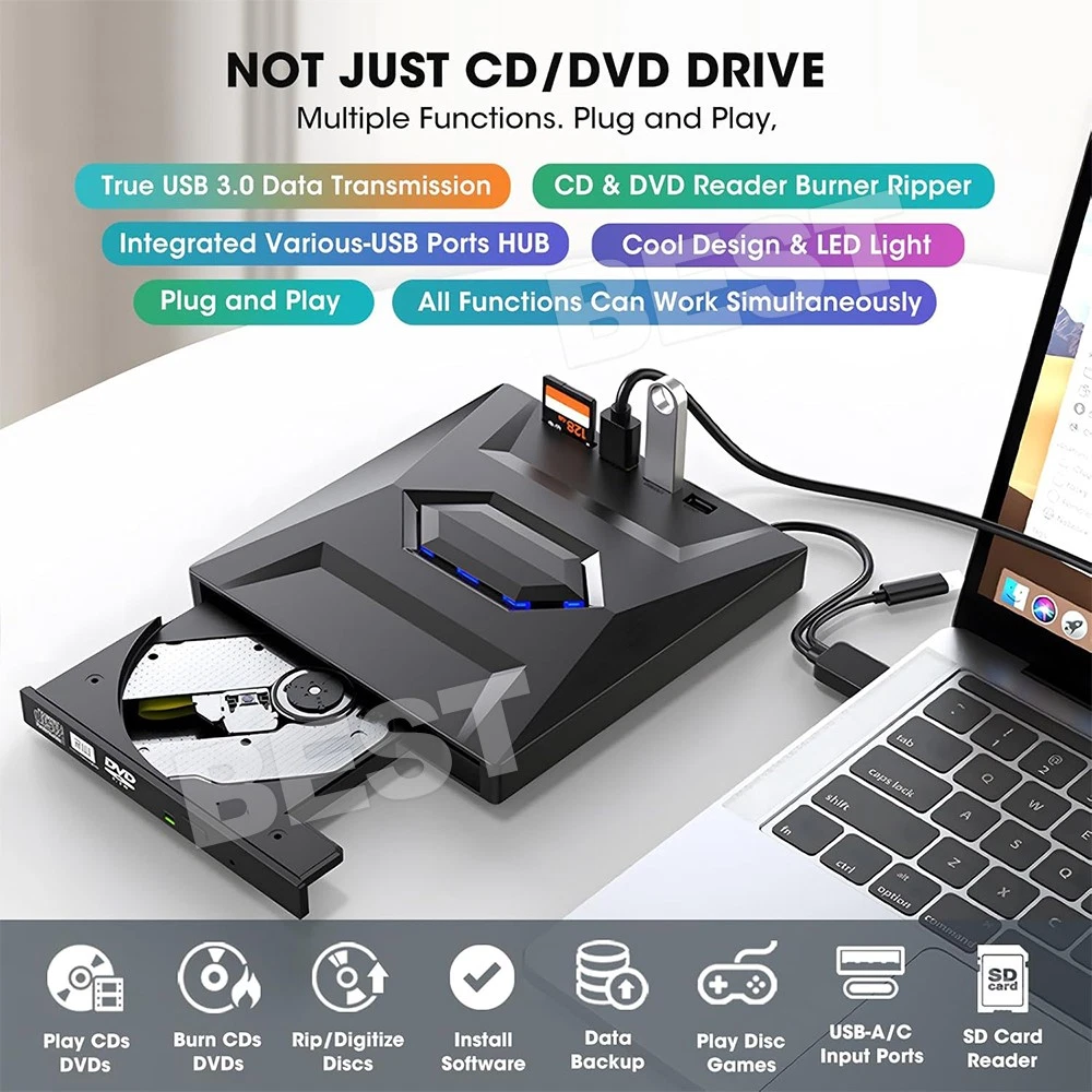 7 in 1 External CD DVD Drive Writer Burner Player for PC Laptop Windows USB 3.0