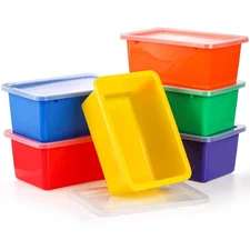 6 Pack Small Cubby Bins Storage with Lids 5 Qt Plastic Colorful Toy Containers