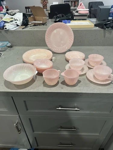 Fire King Pink Swirl 21 Piece Set Vintage Anchor Hocking