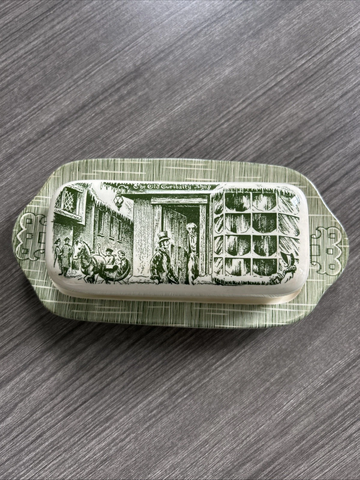 Royal China The Old Curiosity Shop Butter Dish W Lid USA Sage Green Transferware