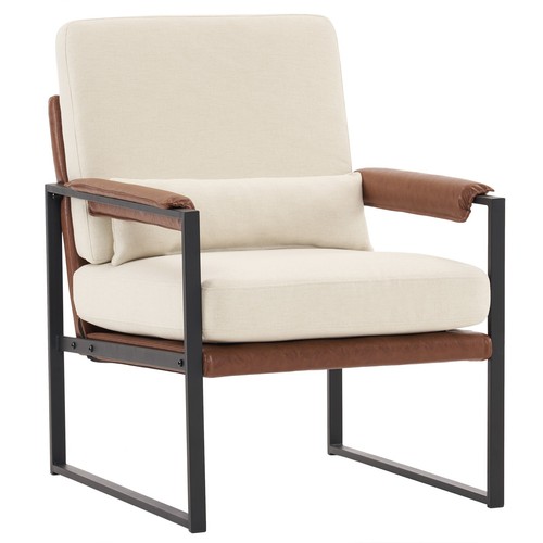 Cozy and Stylish Indoor Beige Accent Chair with Honeycomb Leather and Iron Frame - Picture 2 of 12