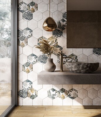 Floral Green Hexagon Feinsteinzeugfliesen in matt - Wand Boden Küche Bad Fliesen