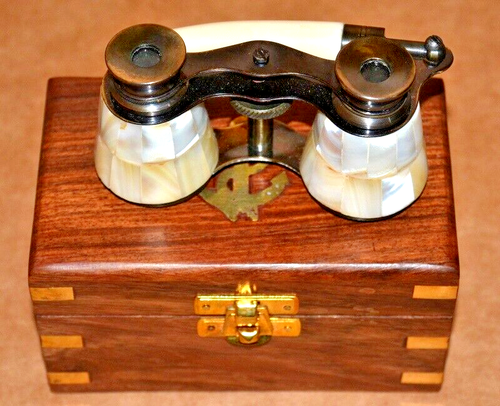 Antique Nautical Brass Binocular Mother Pearl Opera Glasses with Wooden Box Gift - Picture 9 of 11