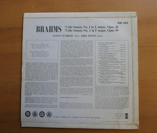 XID 5164 Brahms Cello Sonatas 1 & 2 Janos Starker Abba Bogin SAGA Mono NM - Picture 5 of 5