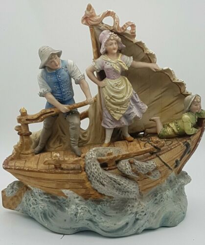 Continental Bisque Porcelain Figurine Sailing Ship Group Vintage Antique AF