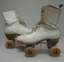 Antique Vintage Chicago Hyde Leather Shoe Roller Skates,  Wood Wheels