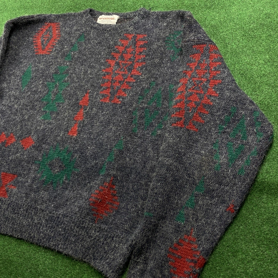 Suéter Tejido Azteca De Colección Para Hombres L Gris 80S Navajo Cosby Abuelo Sudadera Foto 2 de 4