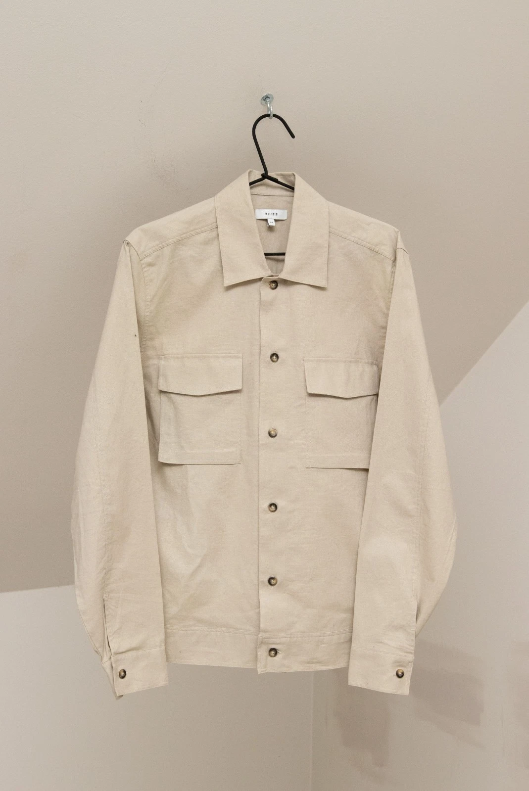 Reiss Kimchi Men's Beige Linen & Cotton Twin Pocket Jacket Size M - product detail image 1