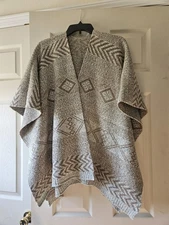 Boho Khaki and White Acrylic Sweater Shawl Knit Poncho One Size New