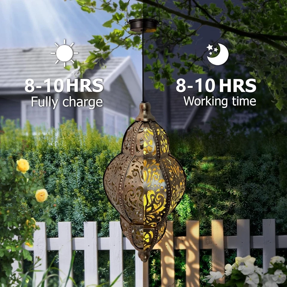 Luces solares colgantes decoración exterior linterna solar de metal para patio jardín Foto 3 de 4