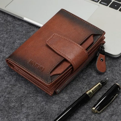 Vintage Men Wallet Genuine Leather RFID Blocking Zipper Bifold with Coin Pocket