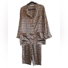Victoria  s Secret Satin Long Sleeve Button Pajama Set Gold Black Geometric Sz M