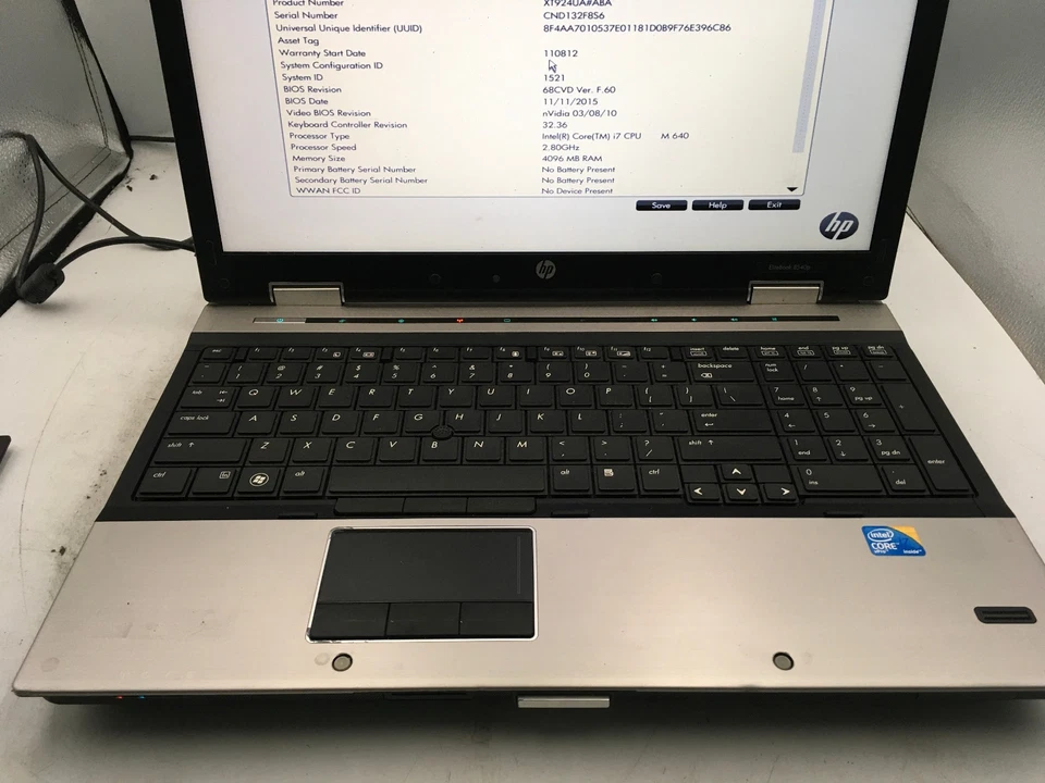 HP ELITEBOOK 8540P - BOOTS TO BIOS - INTEL I7 M640 - NO RAM - 15" - READ - BB - Image 3 of 4