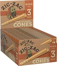 Zig-Zag King Pre Rolled Cones Unbleached 1 1/4 Size (24-Pack) 3 Cones Per Pack