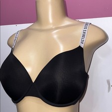 Victoria's Secret Black Plunge Bra Intimates logo shiny zs 34DD