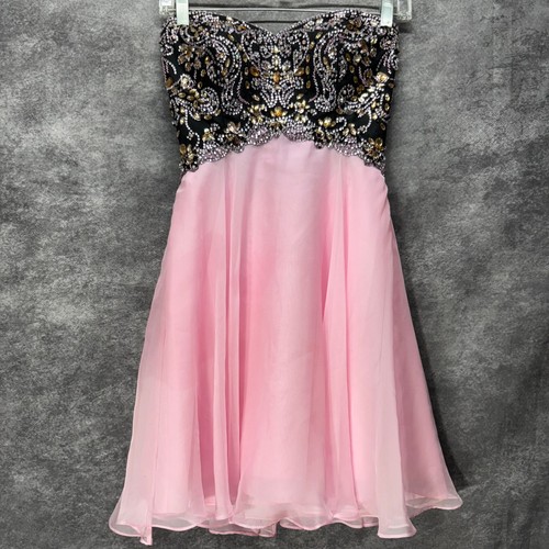 Night Moves Prom Mini Dress Size 2 Beaded Black Pink Strapless Tulle Hoco