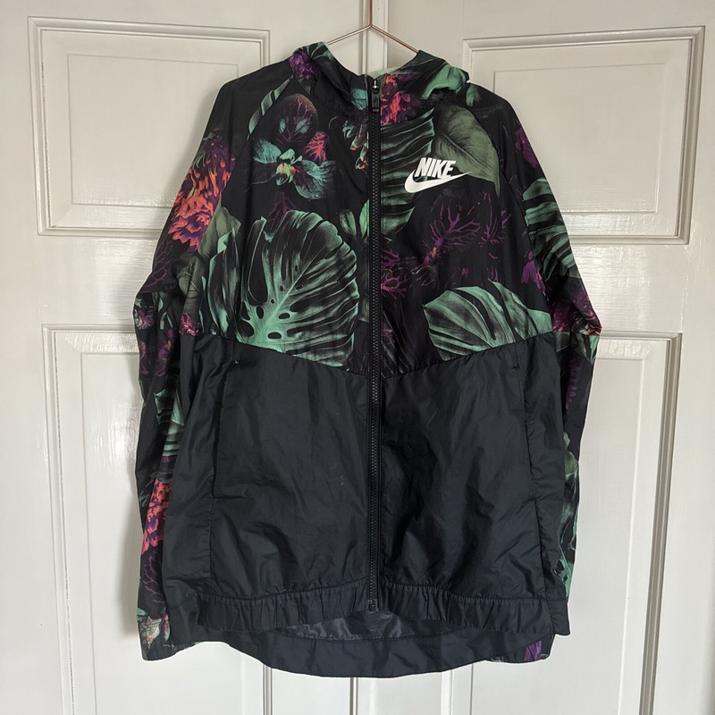 Kids Nike Windbreaker Rain Jacket Zip Front Black And Floral Size XL