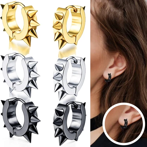 1 Pair Huggie Stud Earrings Rivet Spike Punk Rock Gothic Style Stainless Steel
