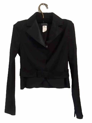 Patrizia Pepe Black Wool Blend Striped Waist Jacket Satin Collar,Belted Bow XS S