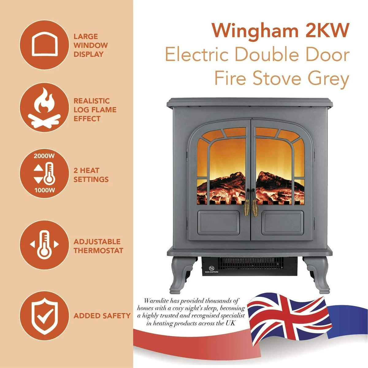 Electric Stove Fire - Warmlite WL46019G 2kw Wingham 2-Door LED Flame Effect  Grey | eBay