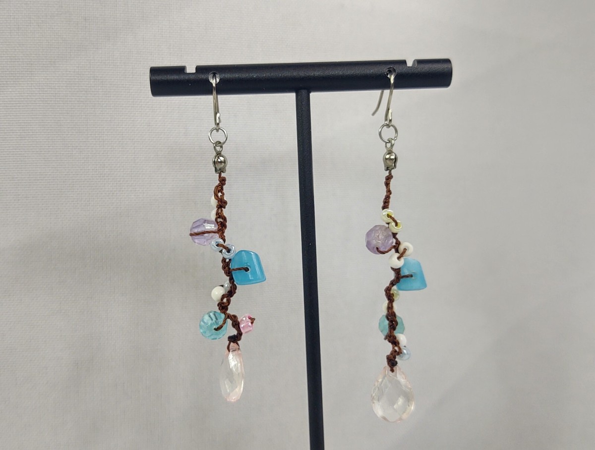 Vtg Drop Dangle Pierced Earrings Multicolor Beads Brown String