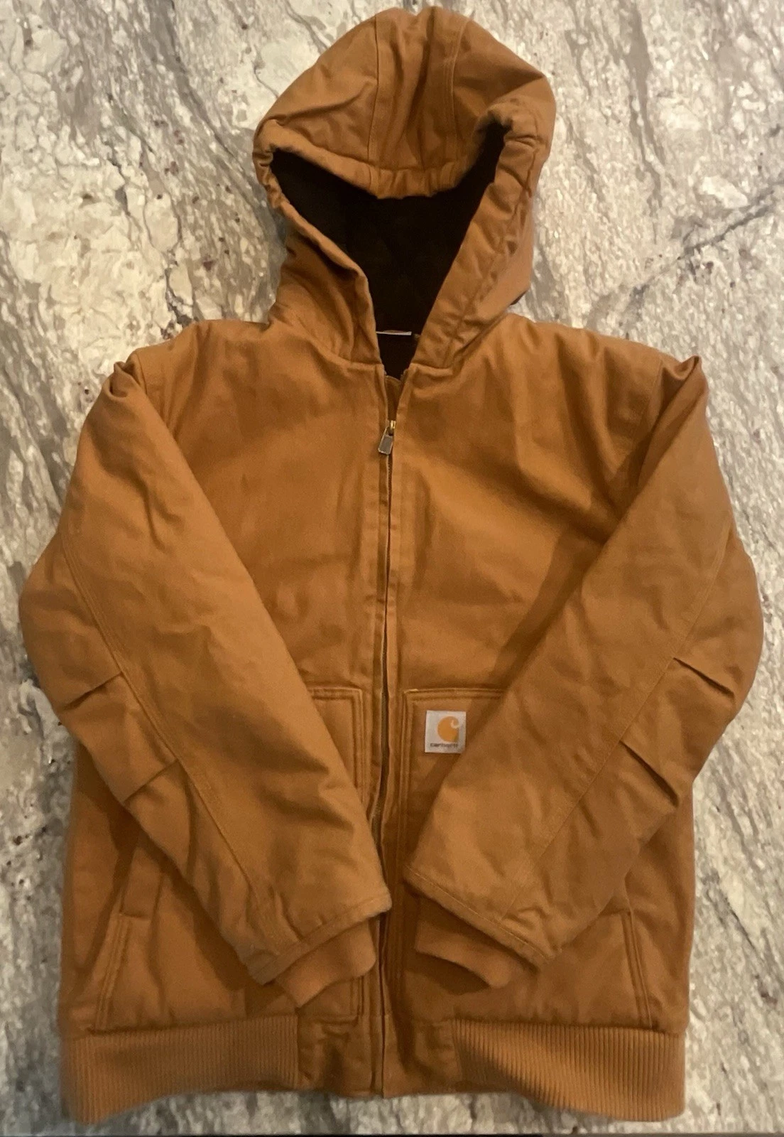 Carhartt Jacket Youth Large 14-16 Brown Canvas Coat Quilt Lining Hooded RN13706
Opens in a new windo
