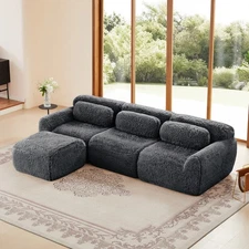 L-Shaped Plush Sofa w/ Ottoman & Throw Pillows, Dark Grey, No Assembly