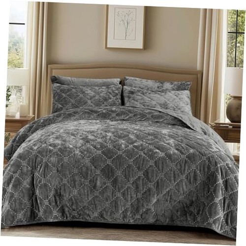 Luxury Velvet Quilt Set King Size, Lightweight Velvet King(108"x92") Star-grey