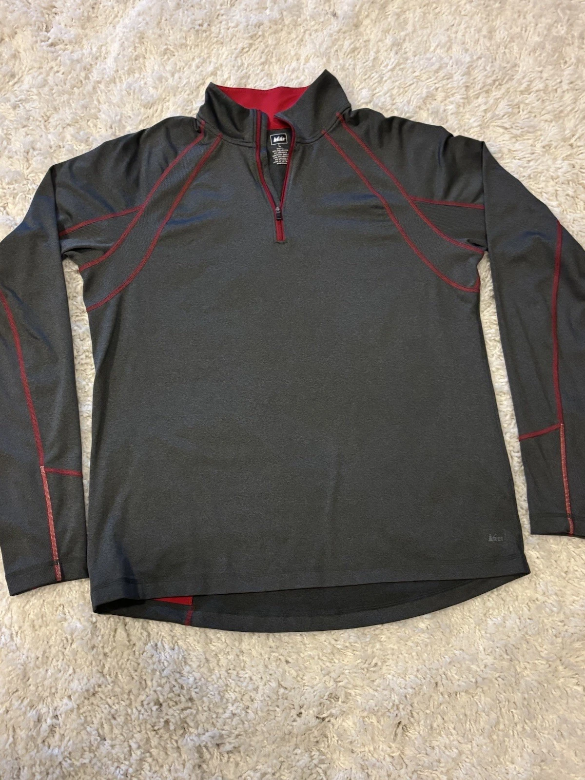 REI Men's LG Quarter Zip Pullover Gray Red Athletic PerformanceShirt Thumbholes