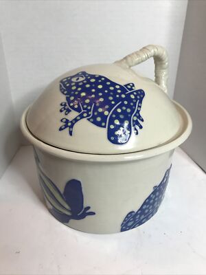 Decorated Frogs Pottery Ceramic Large Covered Dish Signed Karis Swink Barry