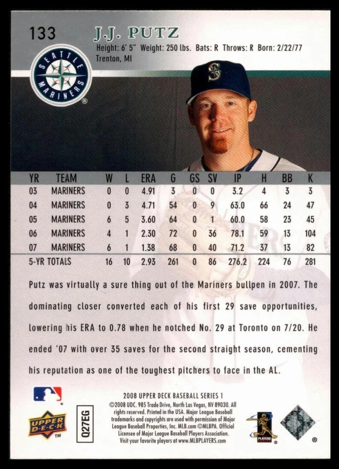 2008 UPPER DECK #133 J.J. PUTZ SEATTLE MARINERS - Image 2 of 2