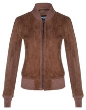 Ladies Tan Brown Goat Suede Bomber Jacket Genuine Leather Ma-1 Varsity Retro