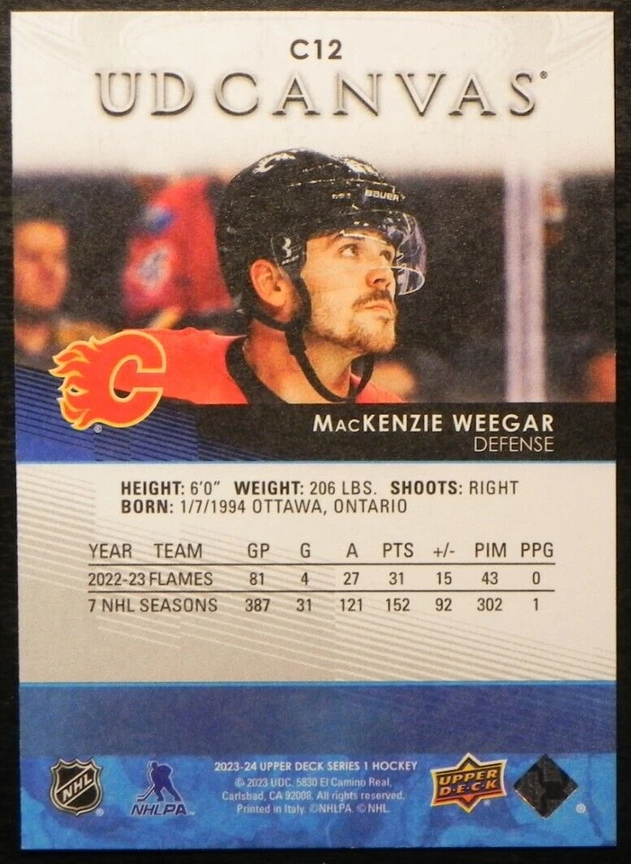 2023-24 23/24 Upper Deck Series 1 Canvas C12 MacKenzie Weegar Calgary Flames - Image 2 of 2