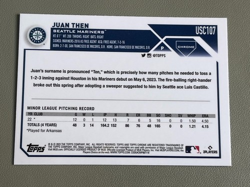 Juan Then rookie card 2023 Topps Chrome Update Series Seattle Mariners #USC107 - Picture 2 of 2
