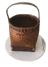 Farmhouse Rustic Woven Basket With Handle Dark Brown Primitive Rustic