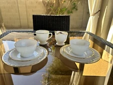 Fire King Milk Glass Swirl Mix Set of 8: Cups, Saucers, Plates, Creamer & Sugar